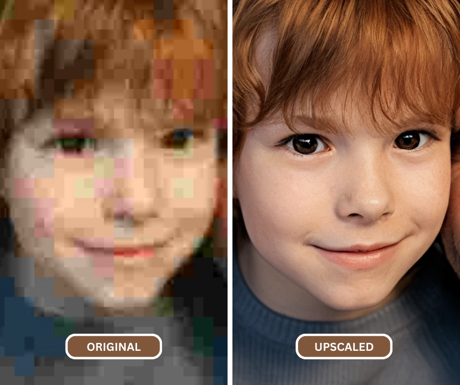 how to make an image clearer of closeup image of a young boy in red hair enhanced using AI by SuperID