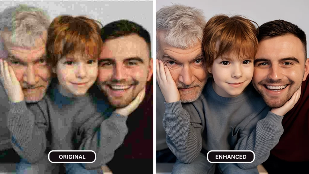 Enhanced and original image comparison using SuperID on an image of a family