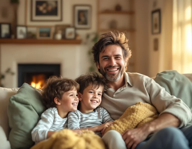 Un hombre está sentado en un sofá con dos niños, todos sonrientes y disfrutando de su tiempo juntos, modelos de moda.