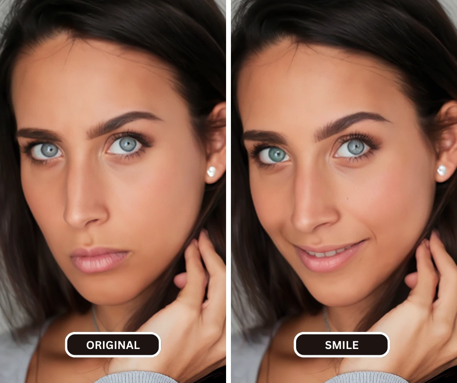 smile ai filter comparison of before and after application on an image of a woman with blue eyes