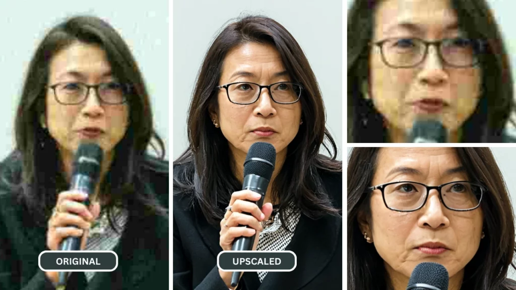 Upscaling image of a woman talking using a microphone