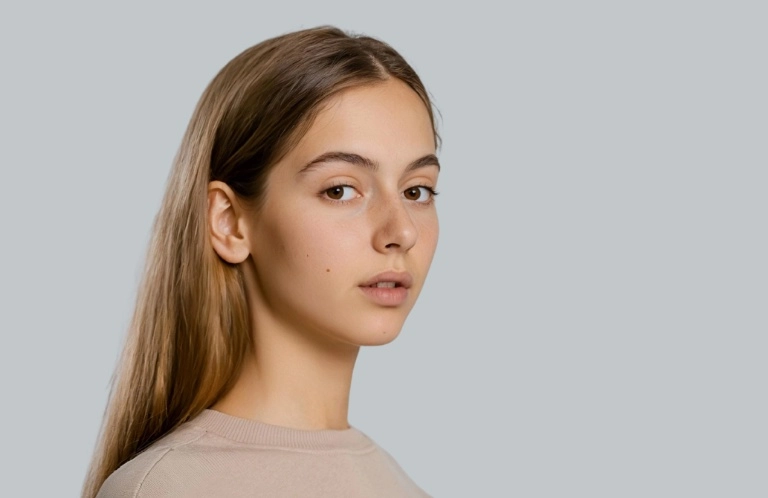 Woman in beige sweater with neutral facial expression