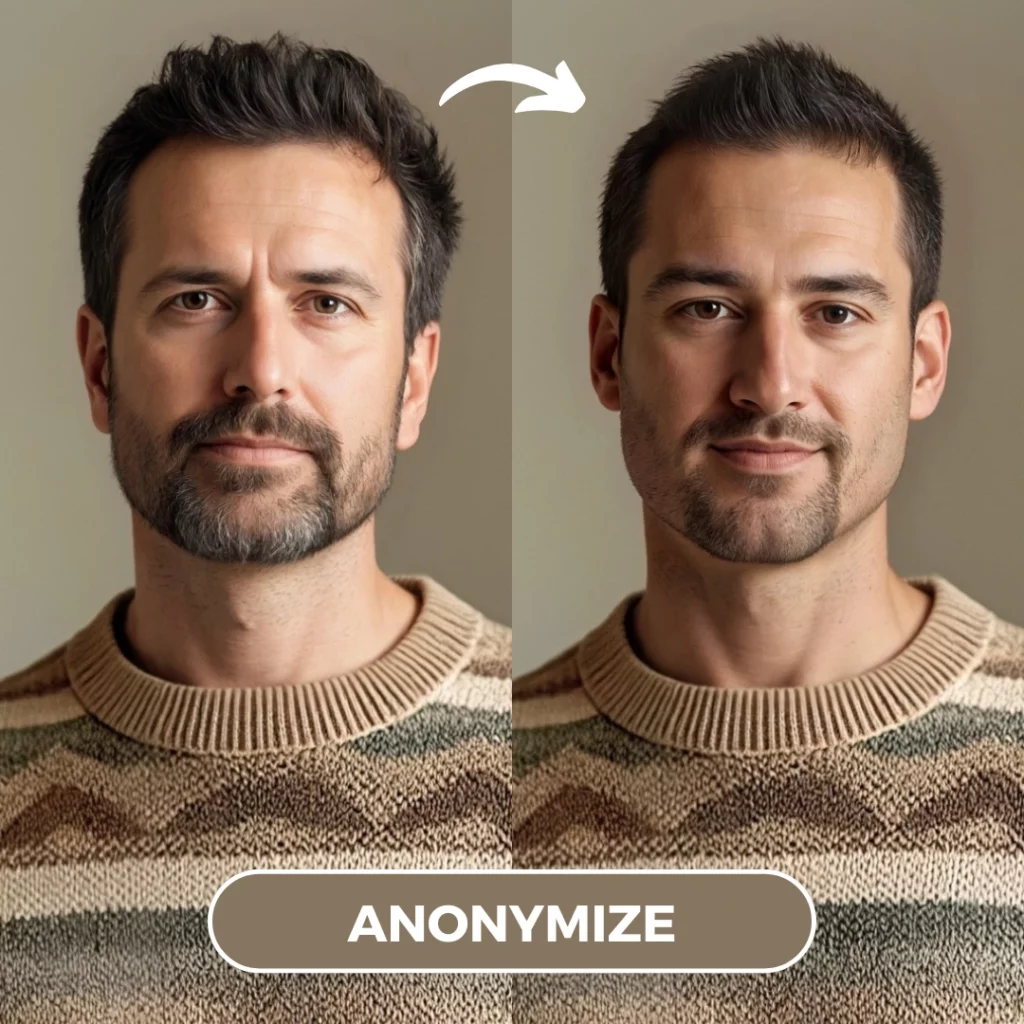 Anonymizing the complete look of a man in brown sweatshirt