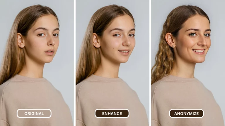 Featured image of a blonde girl in beige sweatshirt smiling at the camera using EraseID's AI Face Enhancer