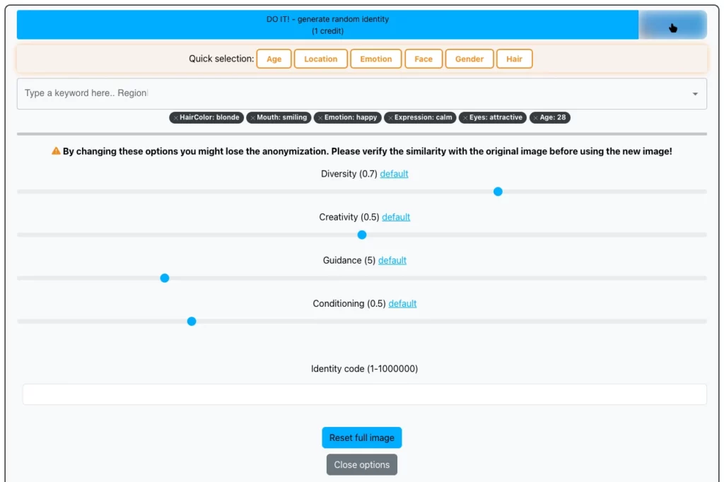 Editing settings of an image on the EraseID platform