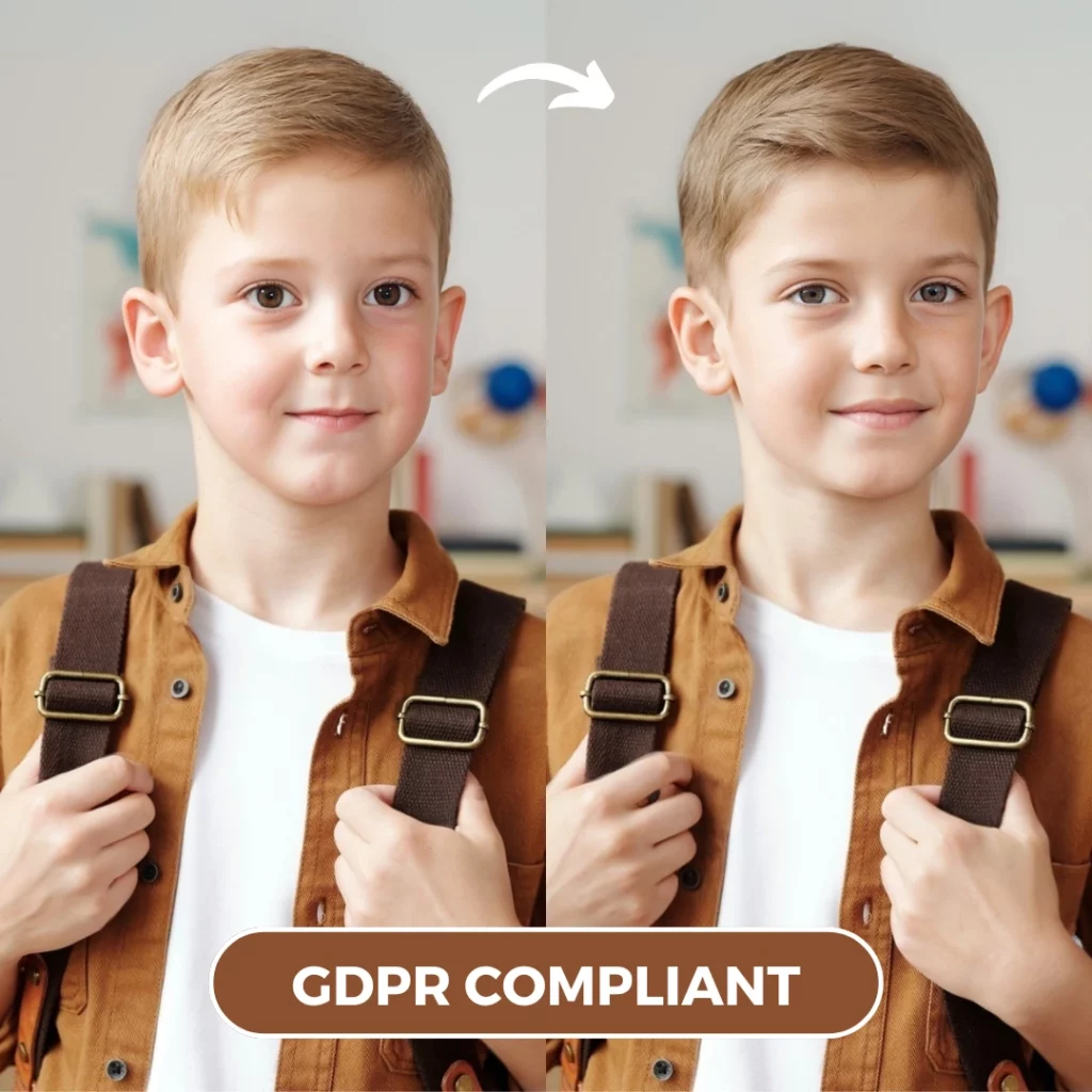 AI Face Enhancer EraseID is GDPR compliant showcasing a boy with bagpack