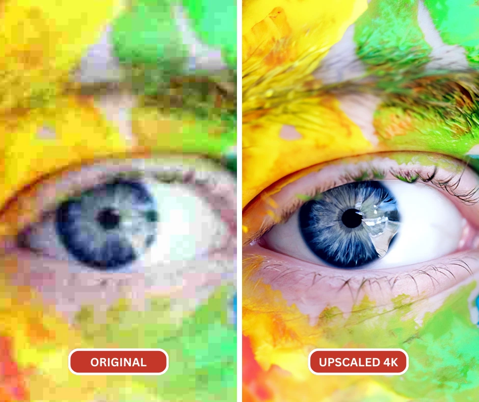 Closeup image of a blue eye being upscaled to show much better colors, contrast as well as image quality