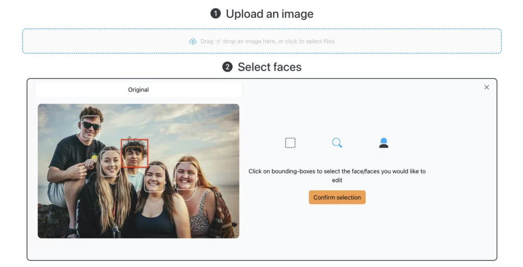 Confirm selection after uploading a image of a group, you can select an individual to change expressions using EraseID