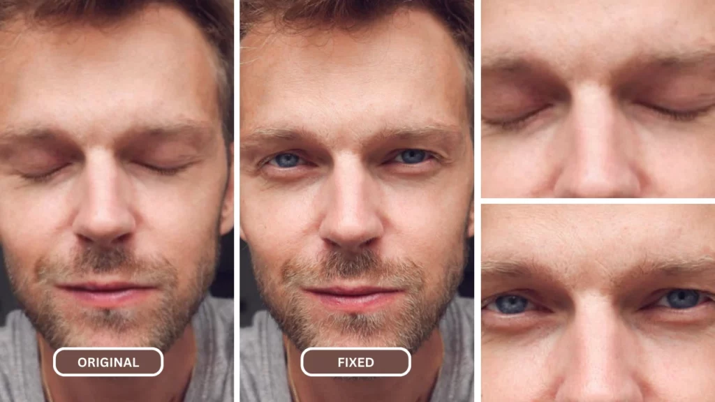 Closeup image of a man with blue eyes opened using EraseID as an AI eye fixer