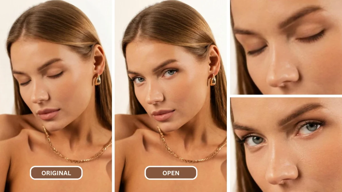 Woman with Golden earrings and necklace eyes opened using AI Eye Fixer EraseID