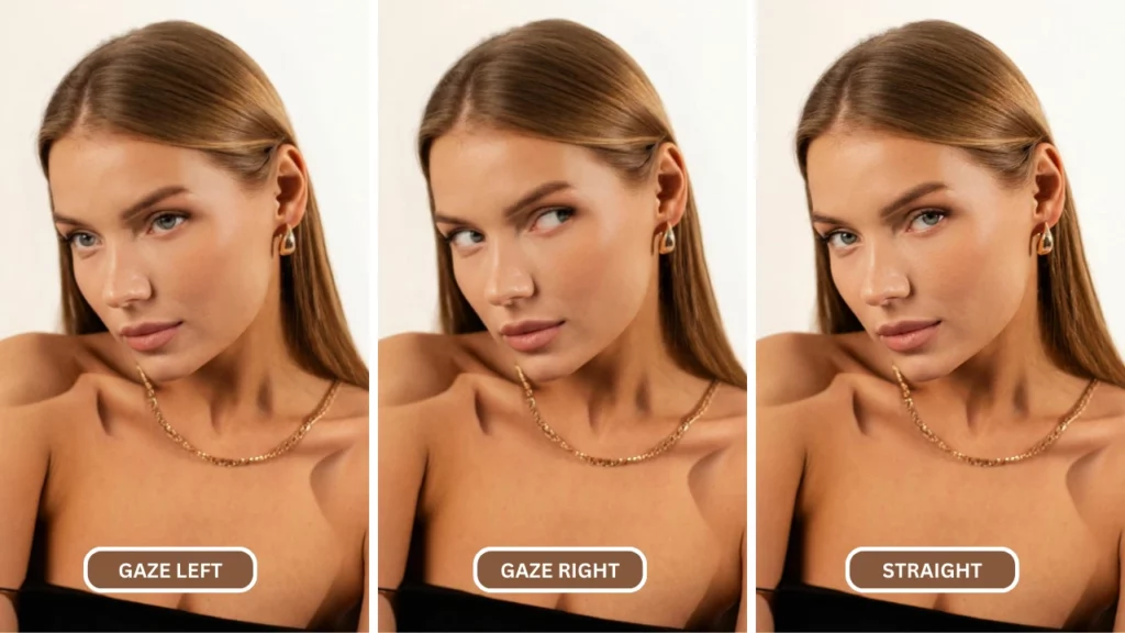 Young woman with necklace and earrings gazing eyes from left to right and straight using AI by EraseID