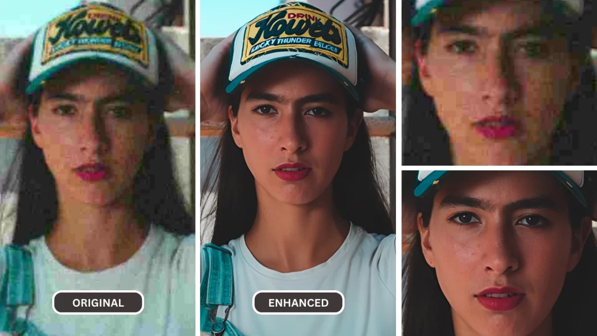 how to make a png higher resolution using SuperID's AI and enhance image of a girl with fancy cap and white t-shirt